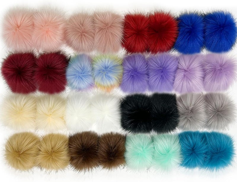 Allruyee 32 Pieces Pom Pom Faux Fur Pom Pom for Hats, Keychains, Scarves, Gloves & Bags Accessories with Elastic Loop, 16 Colors - Image 1
